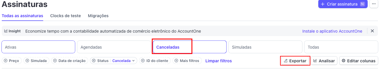 print do dashboard - selecionando todos os associados cancelados