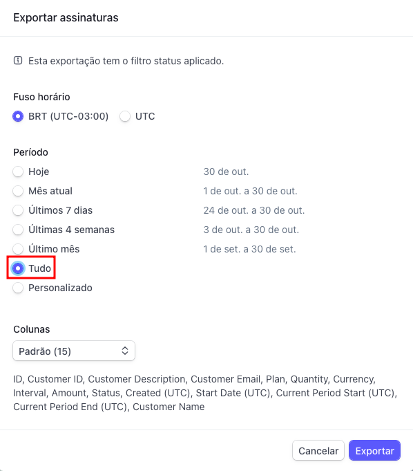 print da tela de exportação de assinaturas